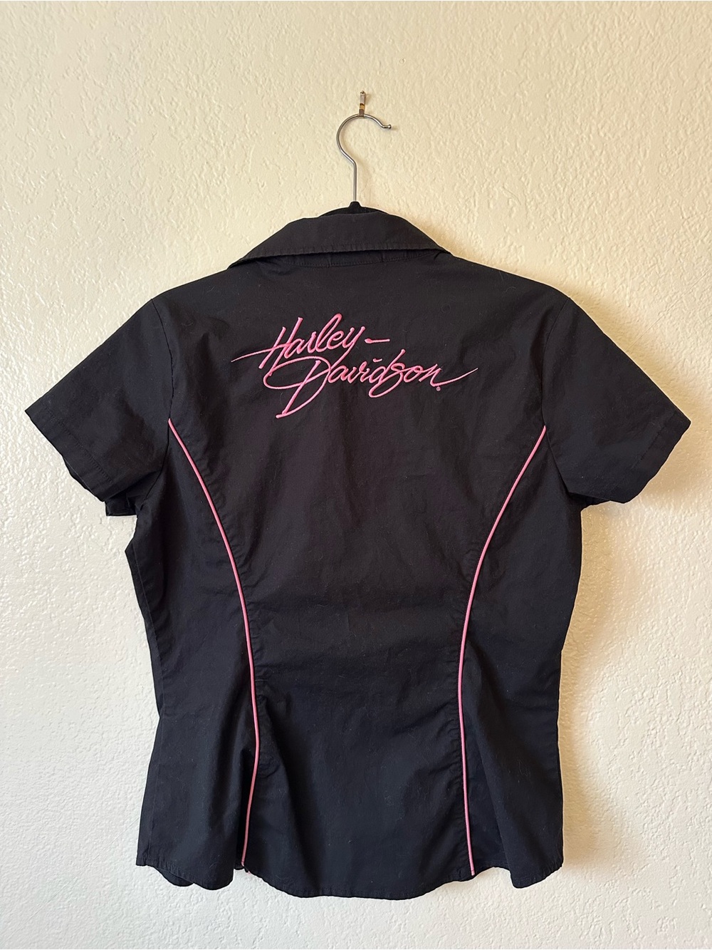 Harley Davidson Pink Embroidered Zip Up Mechanic Shirt